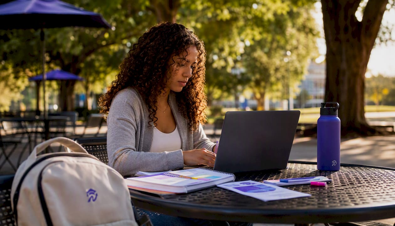 Student reviewing course options at dorm desk