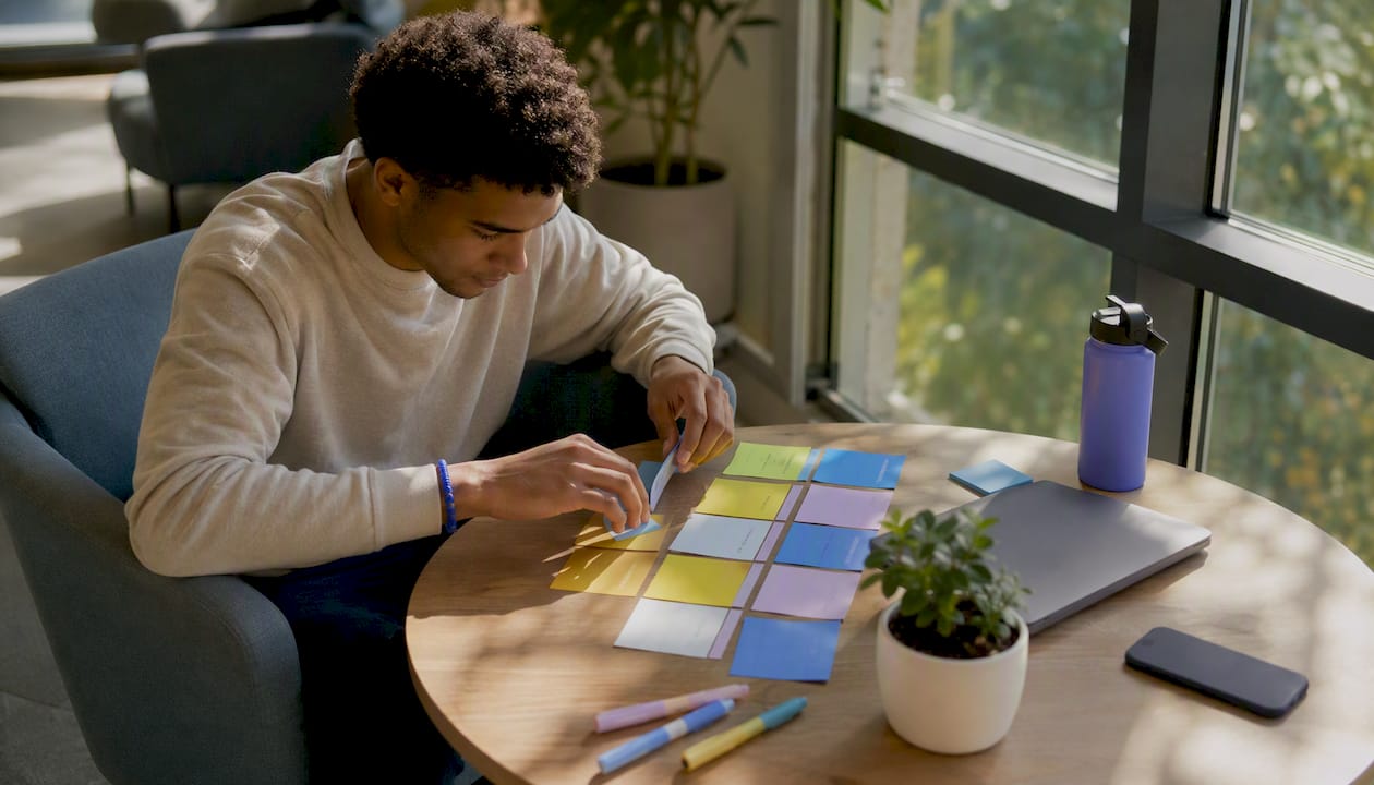 Student manually planning academic timeline with notes