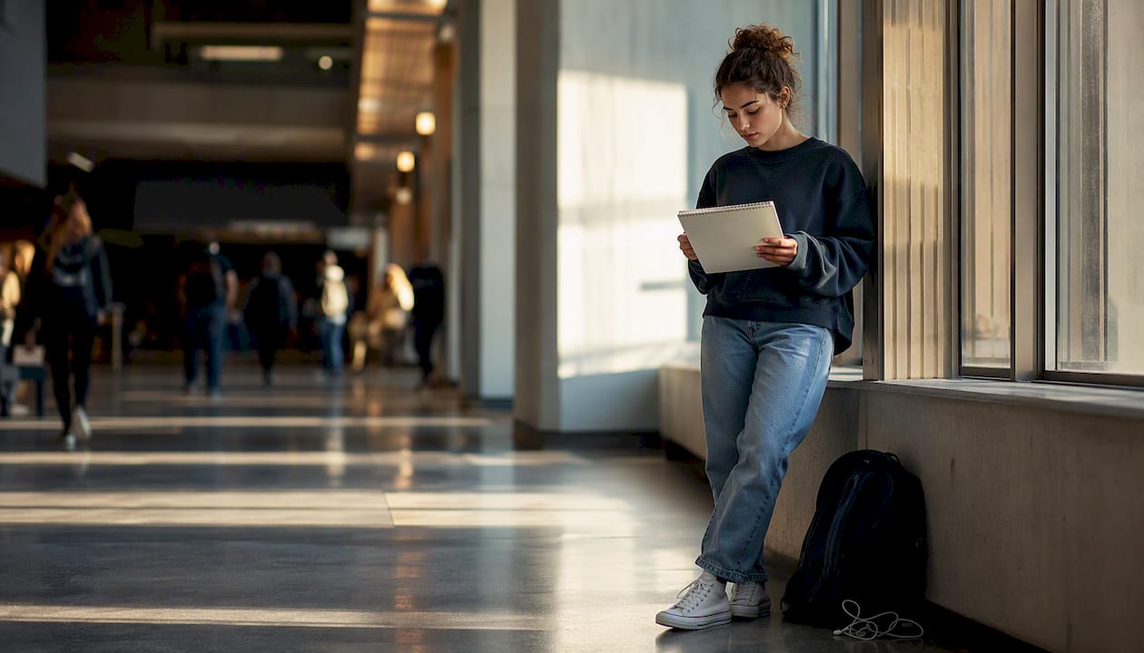 Student puzzled on stairs with notebook and laptop