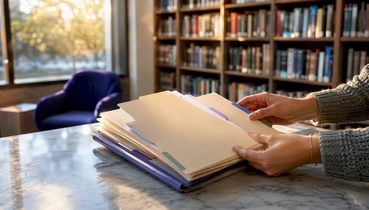 Hands organizing student enrollment record folders