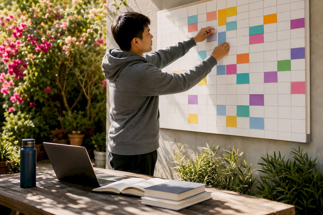 Manual semester calendar planning on wall board