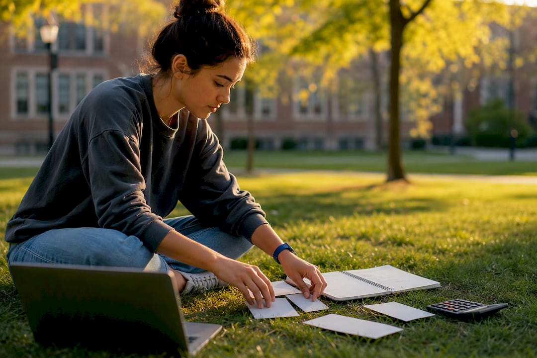 Hands arranging tuition and timeline budget cards on campus bench
