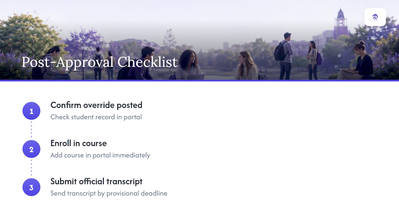 Three-step post-approval course enrollment checklist