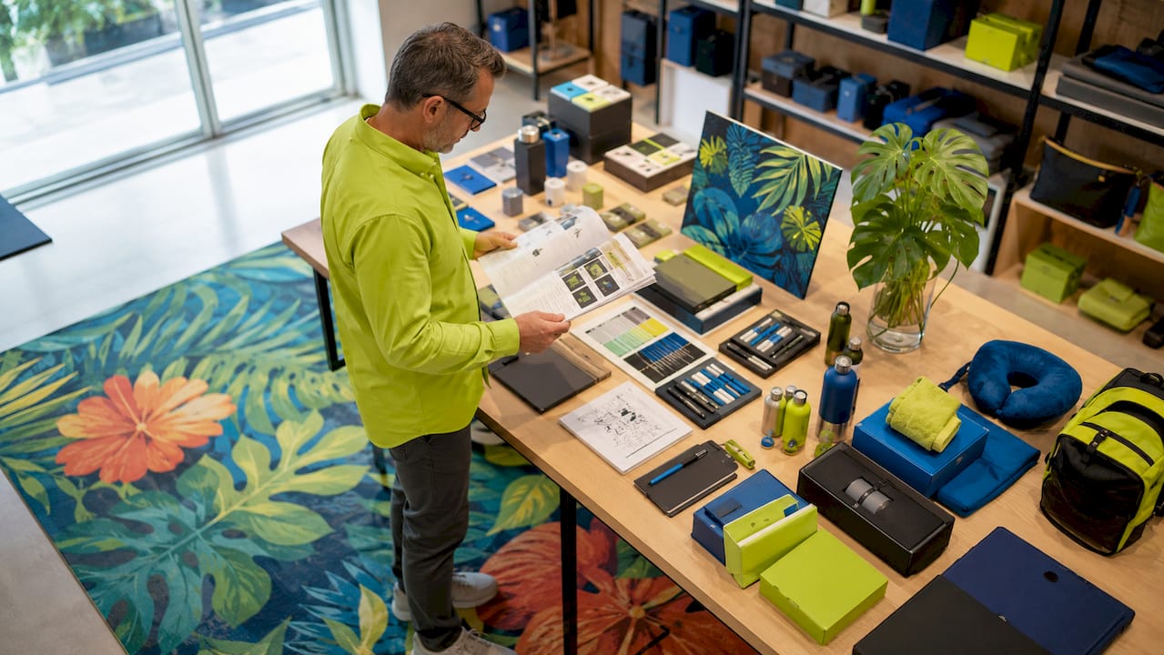 Un cliente che utilizza un tablet per personalizzare prodotti dedicati al benessere.