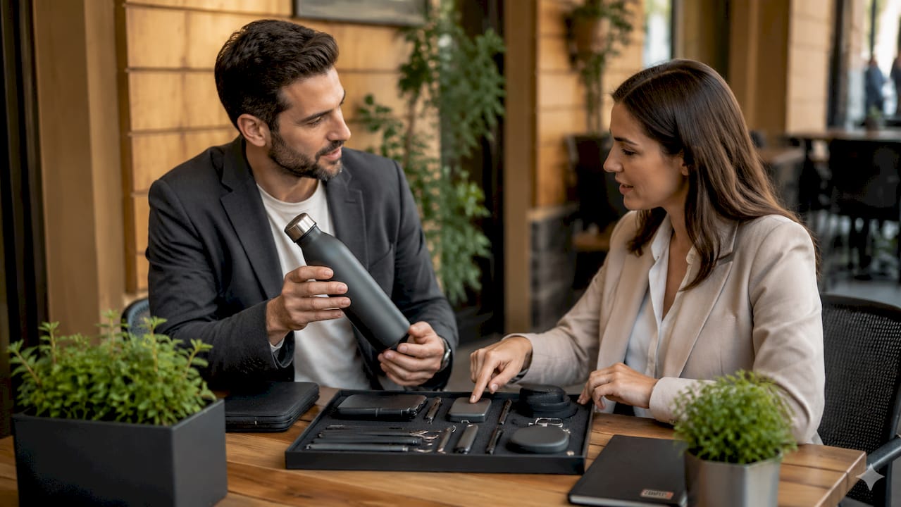 Professionisti del settore che confrontano idee su gadget promozionali