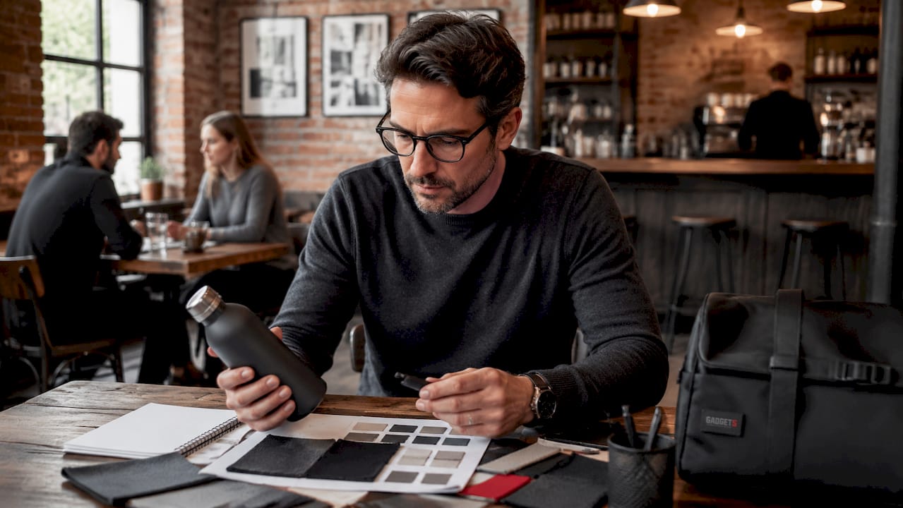 Un professionista esamina dei prototipi di gadget sulla scrivania di un ufficio moderno.