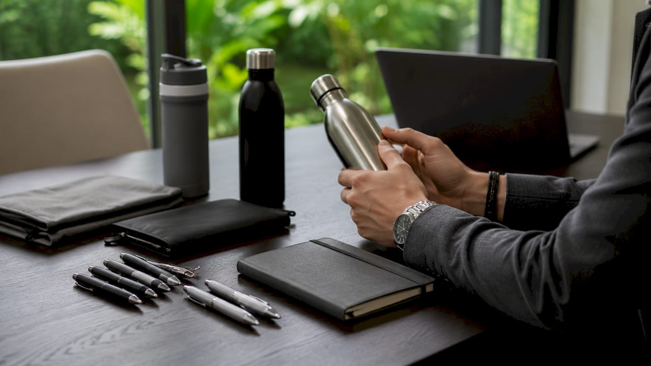Mani che selezionano gadget da ufficio come premi per un concorso