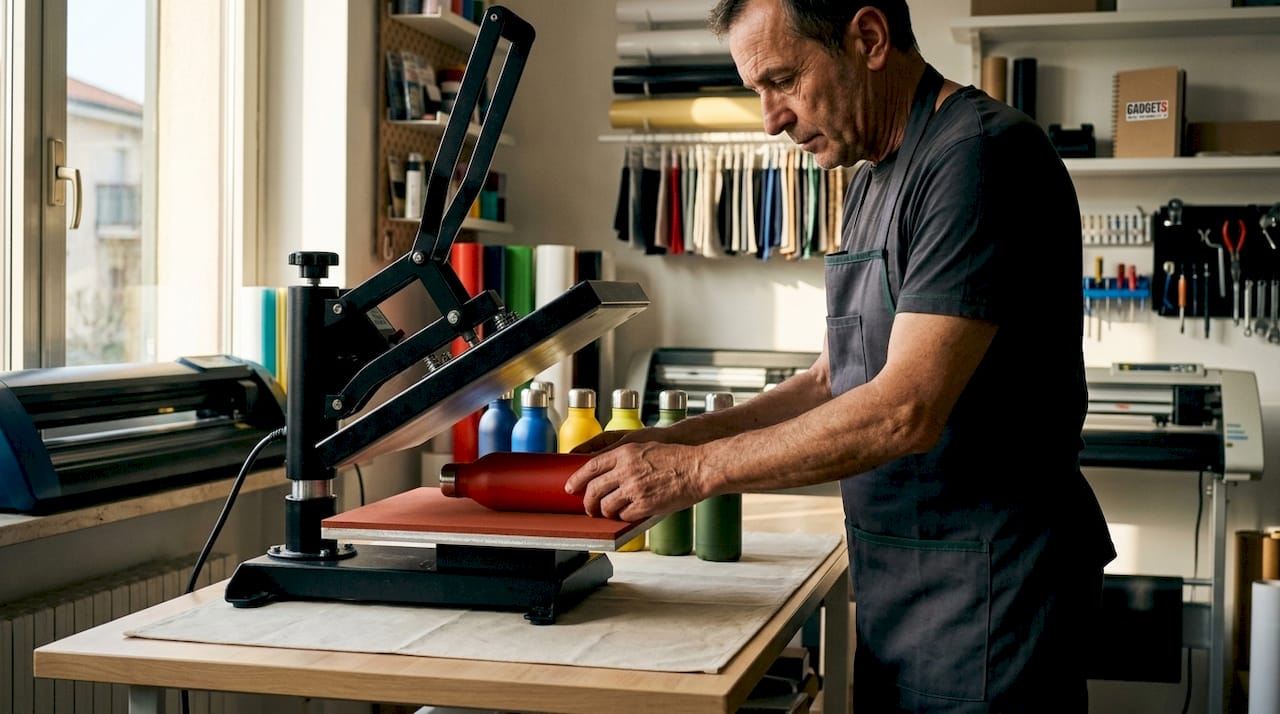 Le mani di un operatore mentre personalizza penne promozionali con la serigrafia per una clinica.