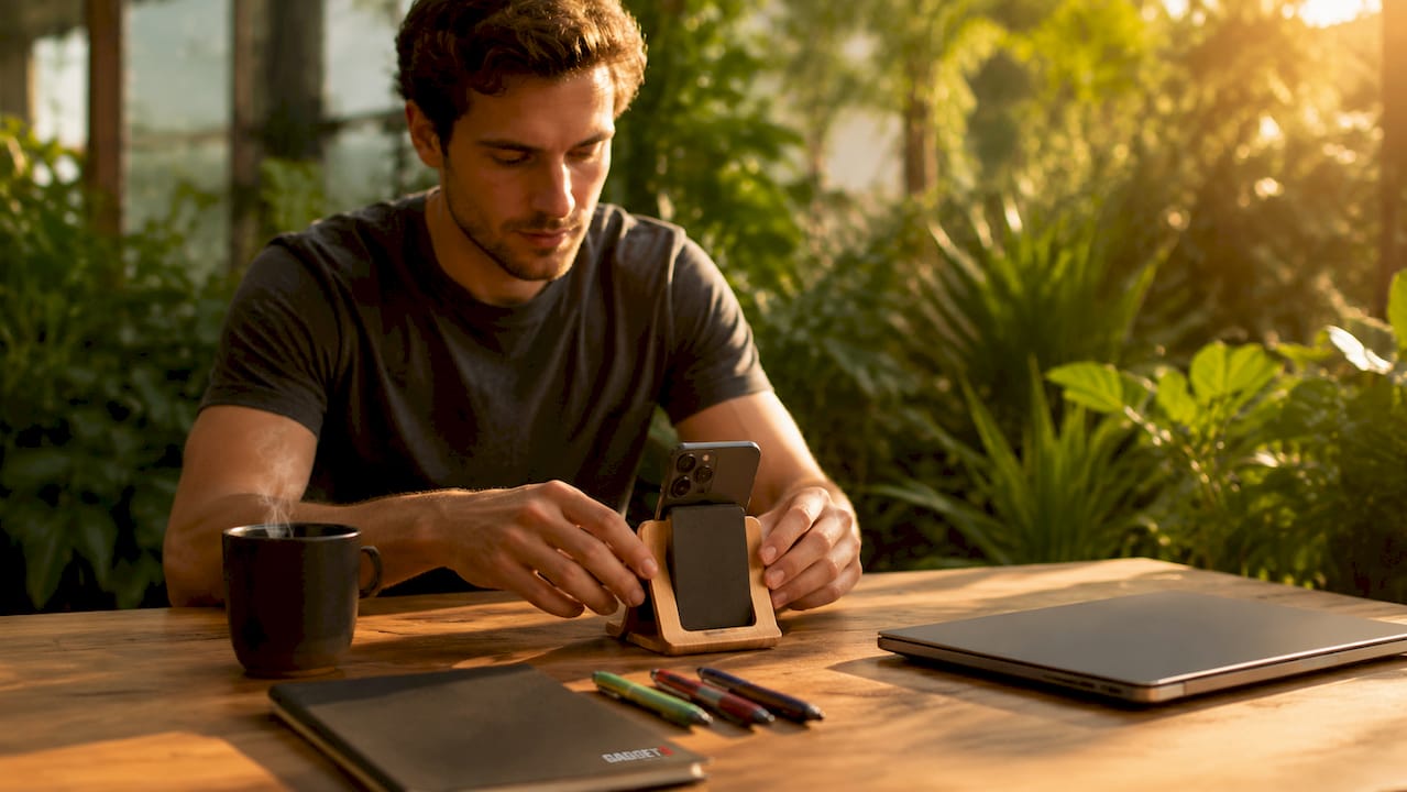 Mani che sistemano un supporto per smartphone e un organizer sulla scrivania
