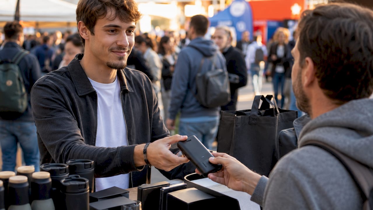Dettaglio di una mano che consegna un power bank personalizzato come regalo aziendale.