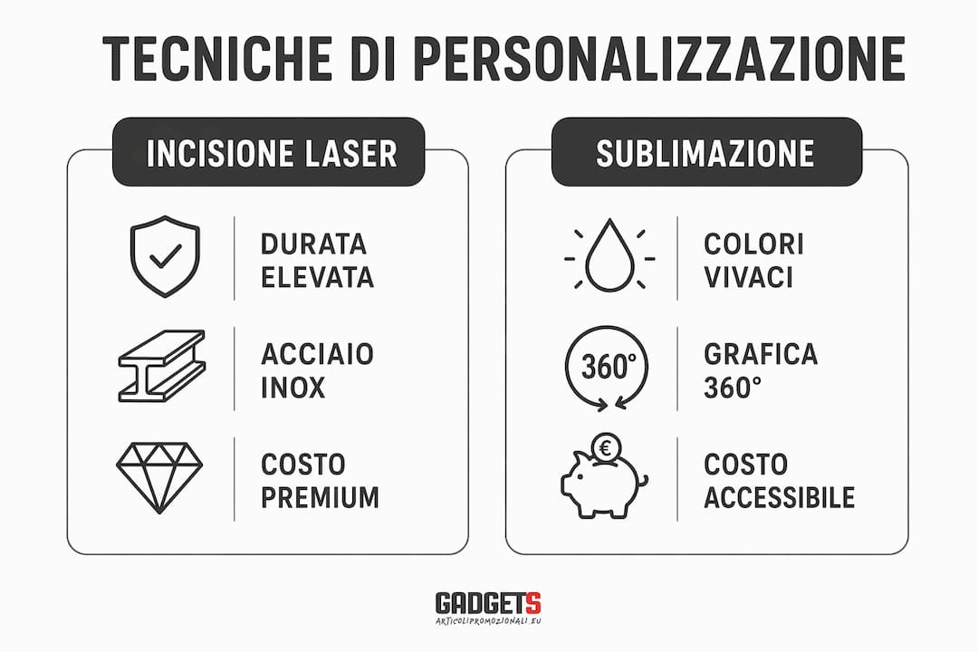 Infografica comparativa tra incisione laser e stampa a sublimazione sulle borracce personalizzate per aziende