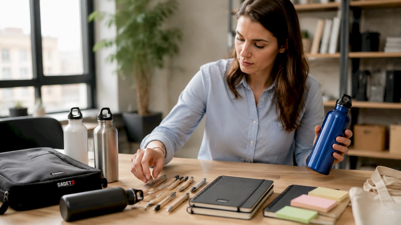 Le persone scelgono con cura i loro gadget personalizzati preferiti.