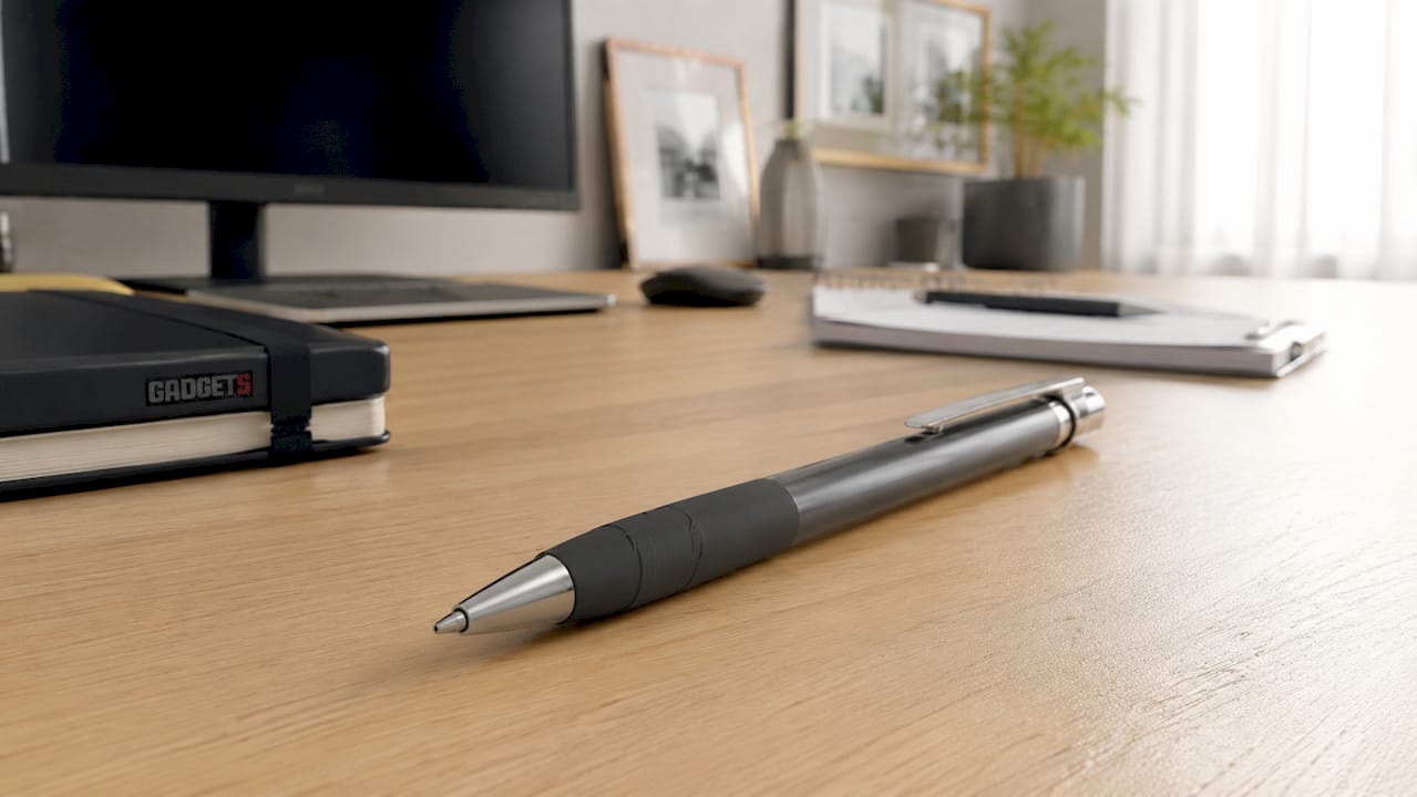 Dettaglio di una penna ergonomica su una scrivania di uno studio medico