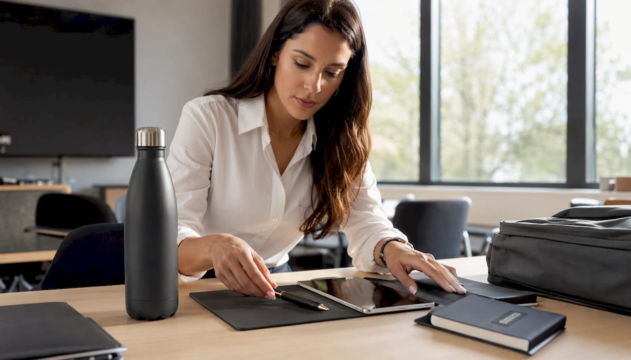 Mani che sistemano gadget promozionali personalizzati sulla scrivania
