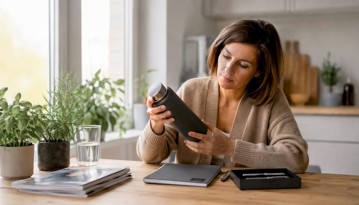 Donna che analizza la qualità dei gadget promozionali per l’ufficio