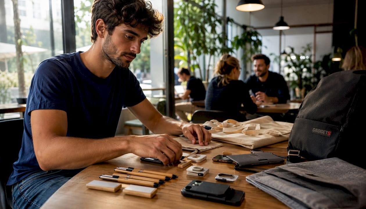 Uomo che sceglie gadget promozionali in linea con l’immagine del brand