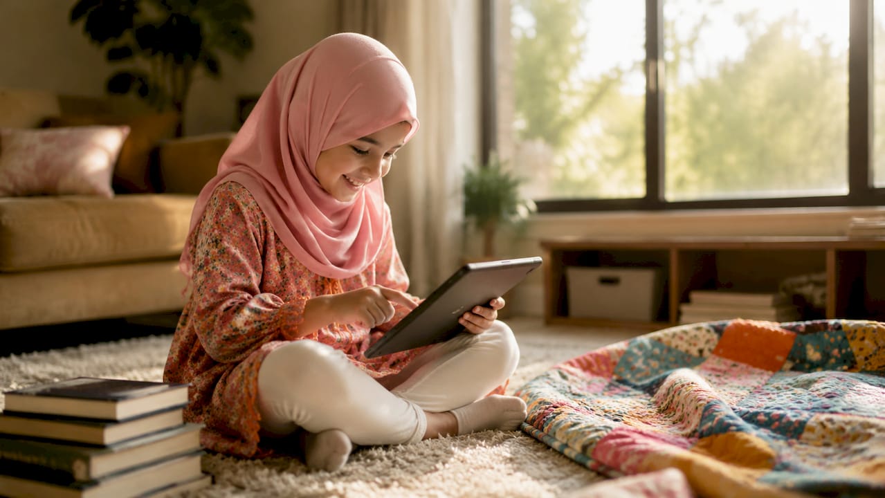 Child using Islamic studies app at home
