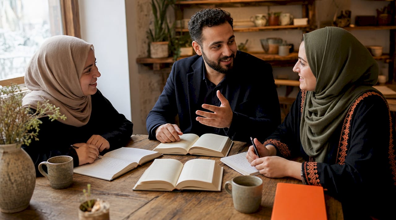 Adults studying Islamic subjects in classroom discussion