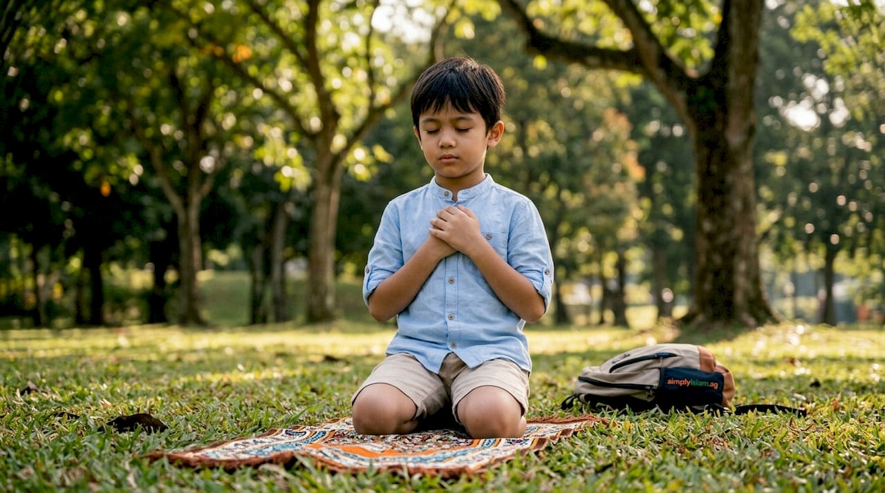 Child praying attentively in classroom