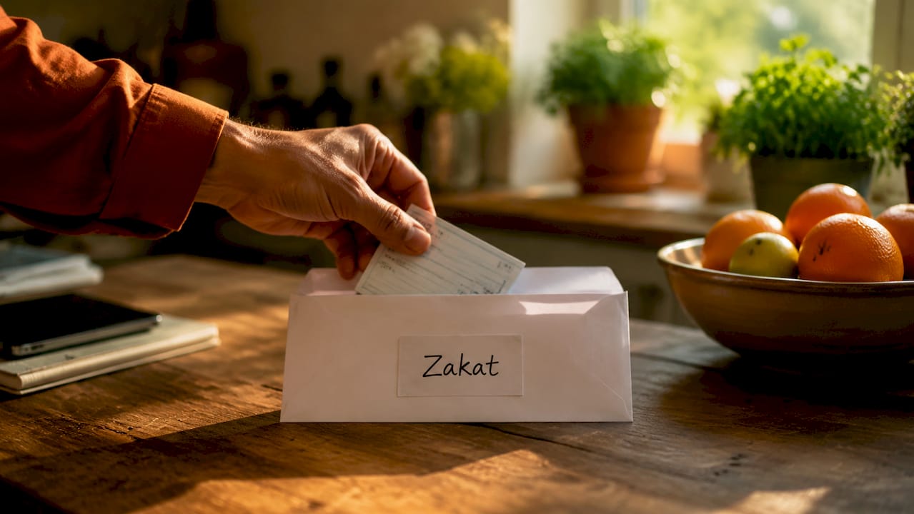 Hand placing Zakat donation in envelope