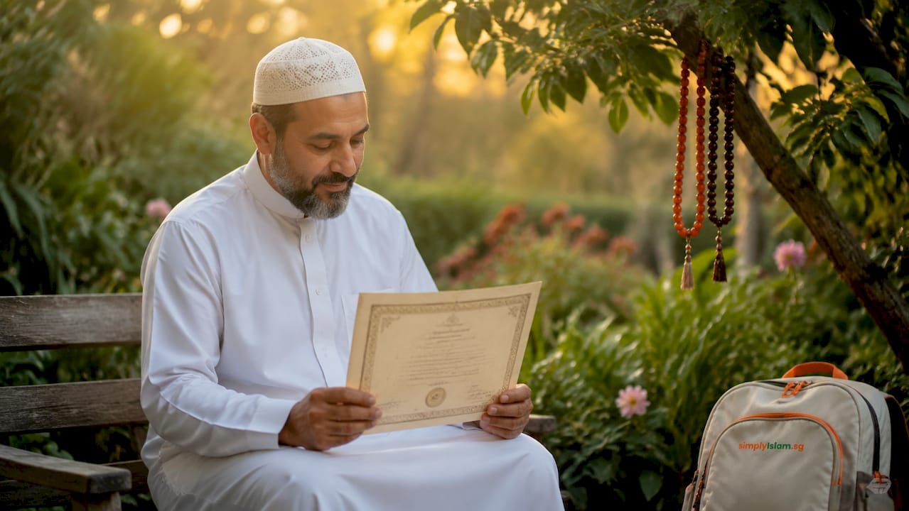 Man examining Ijazah certificate in mosque office