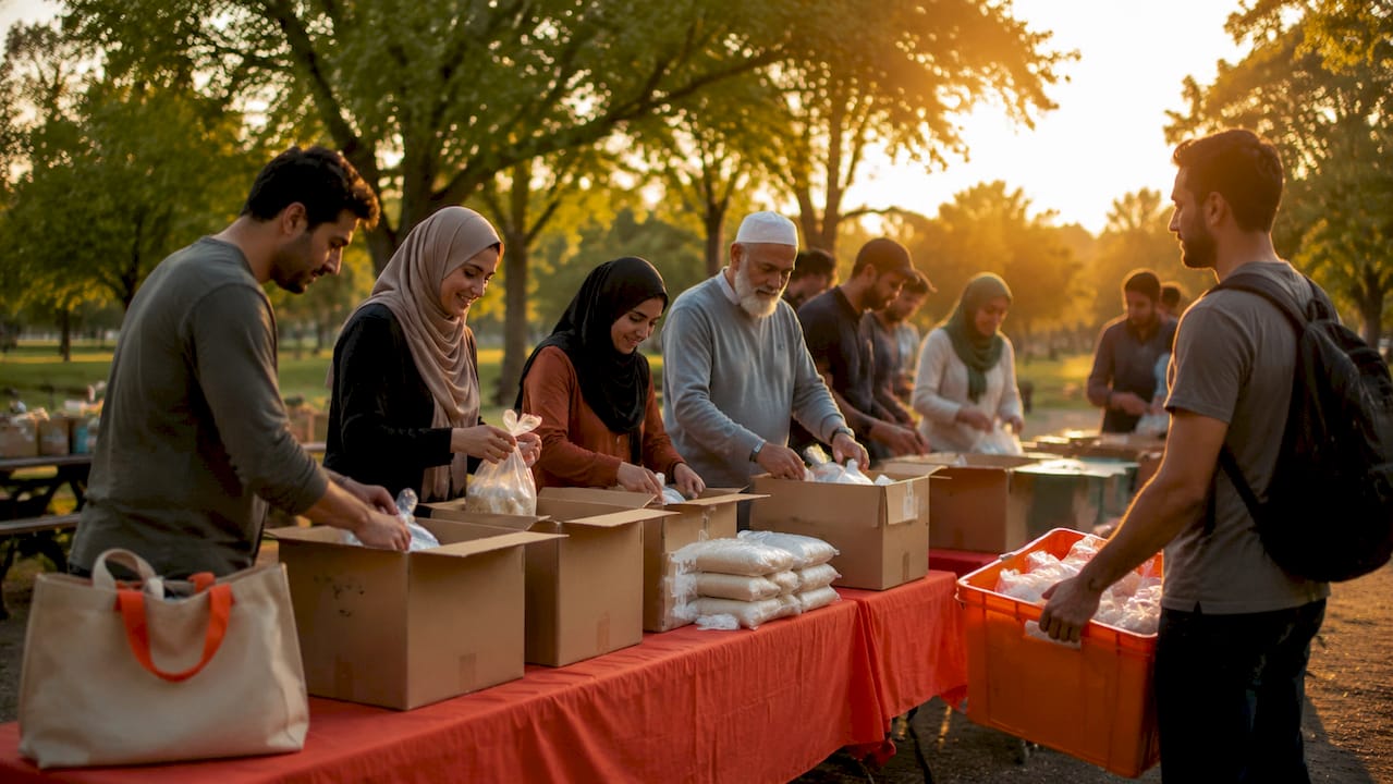 Volunteers packing food boxes outdoors