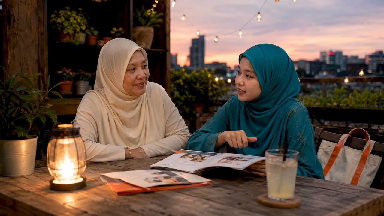 Two women discussing Islamic charity materials