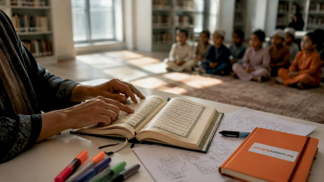 Hands pointing to Quranic story in classroom