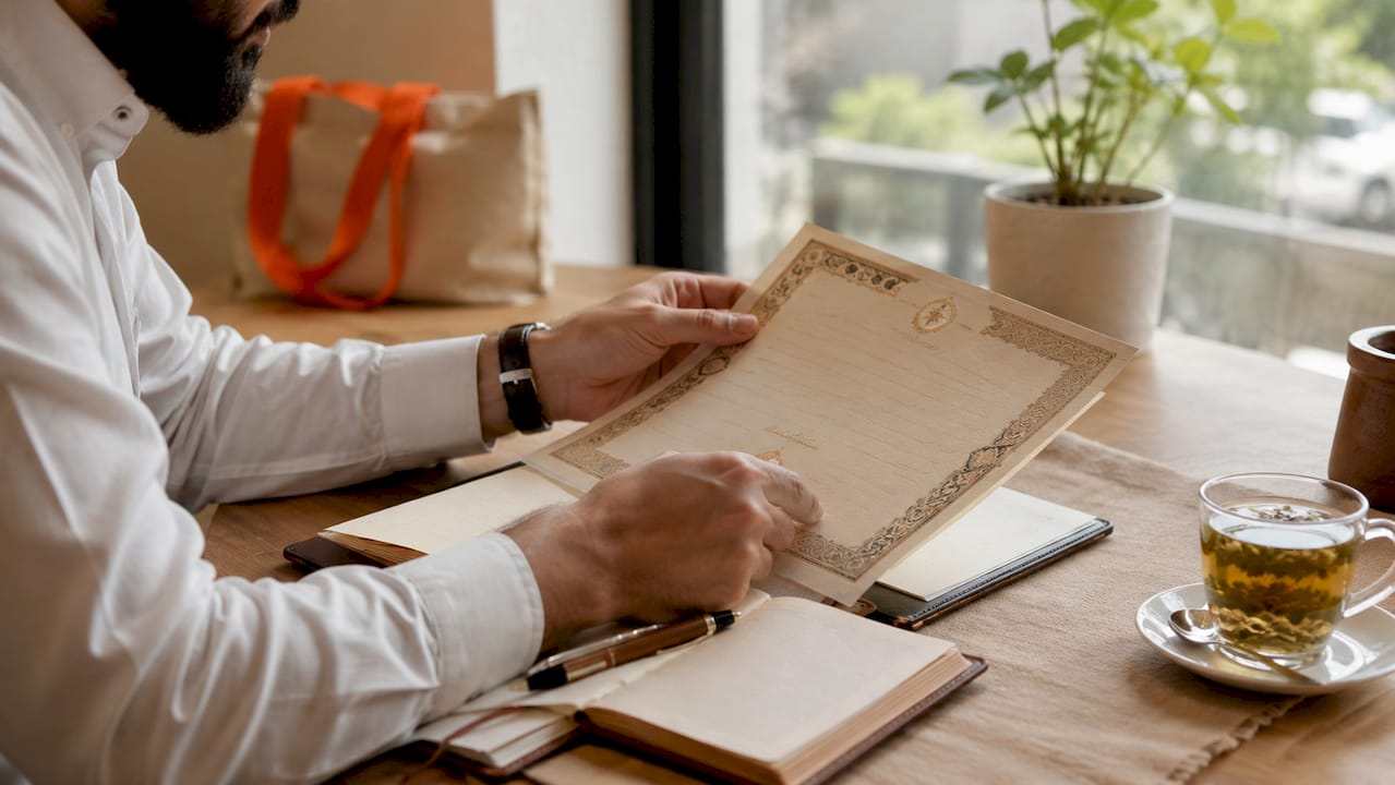 Hands inspecting Ijazah certificate on desk