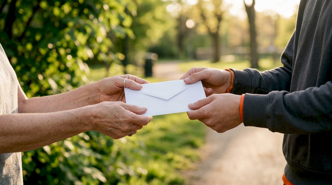 Hands exchanging charity envelope indoors