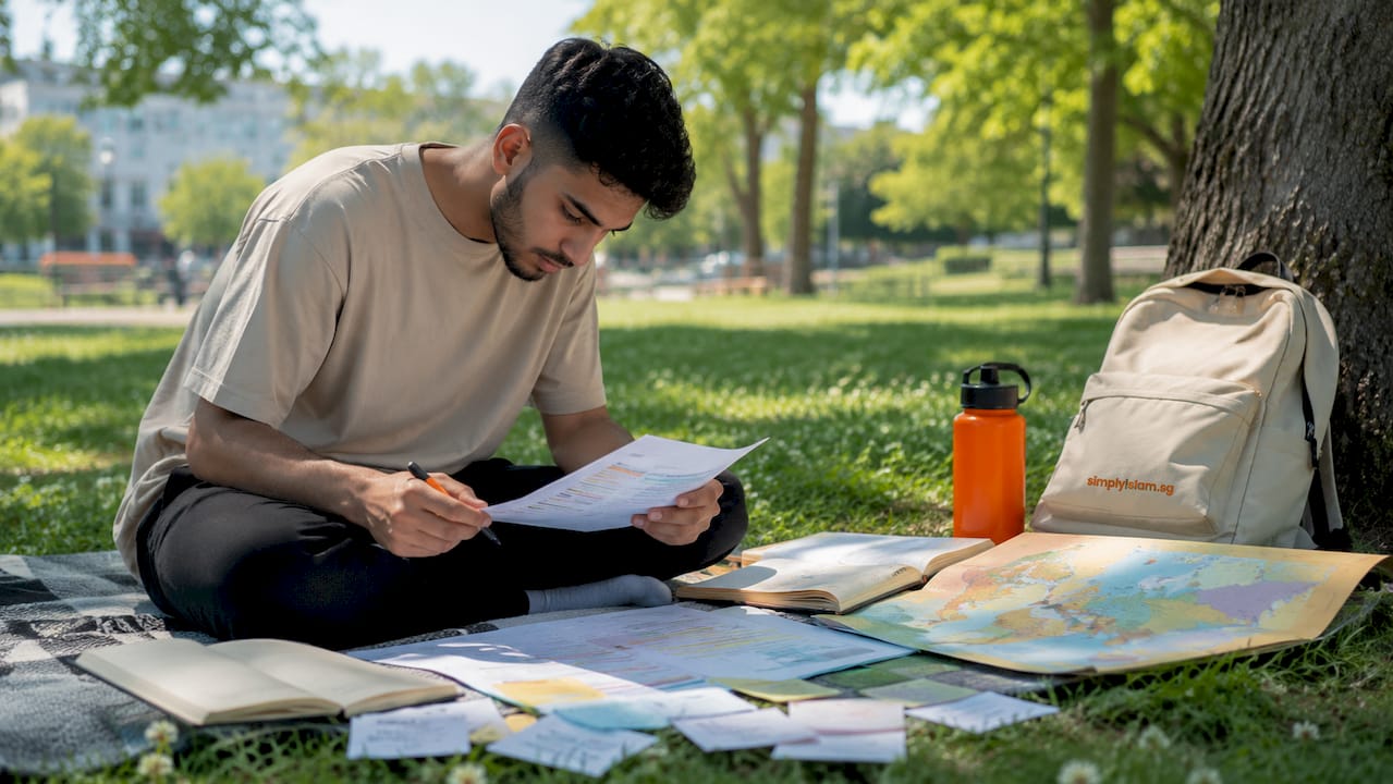 Young man studying thematic Islamic history notes in café