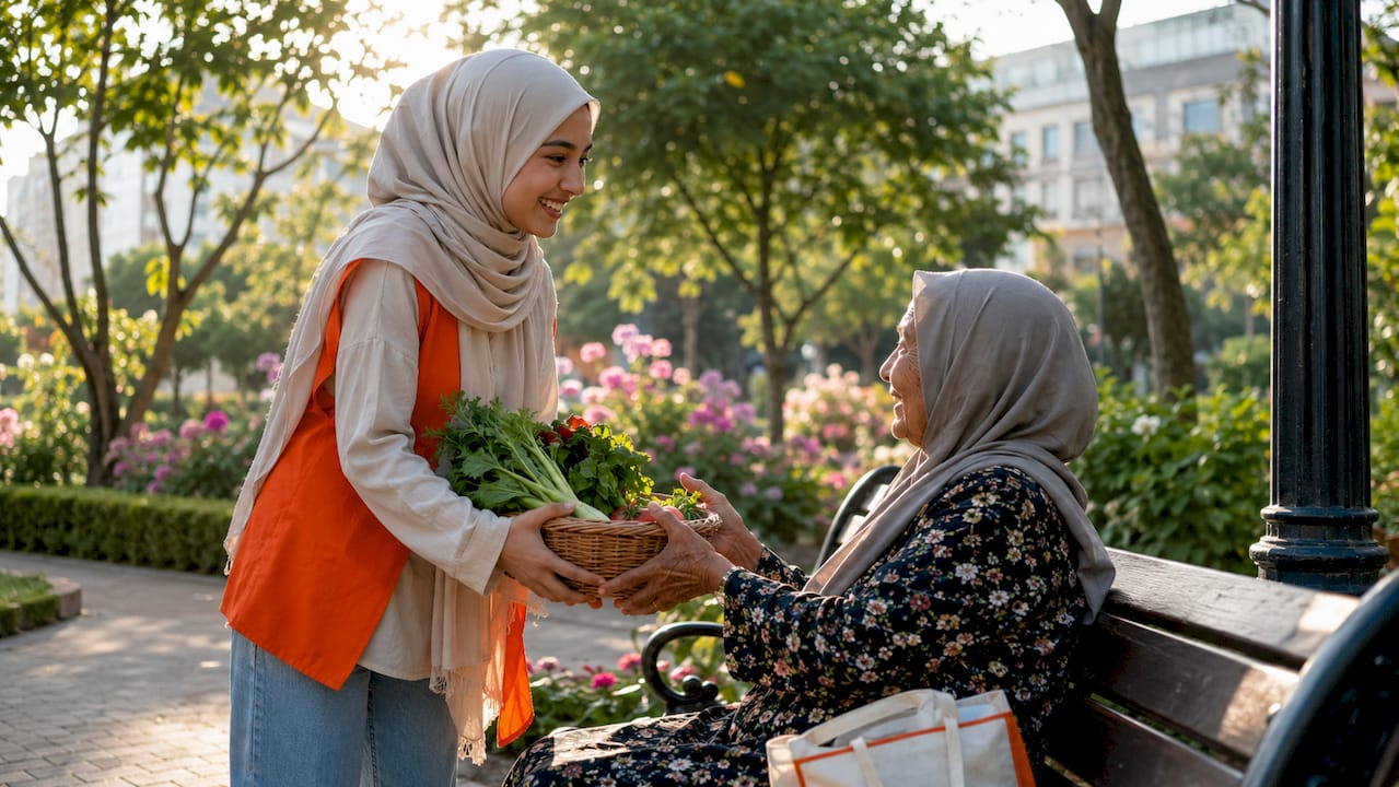 Young woman giving food basket to elderly neighbor