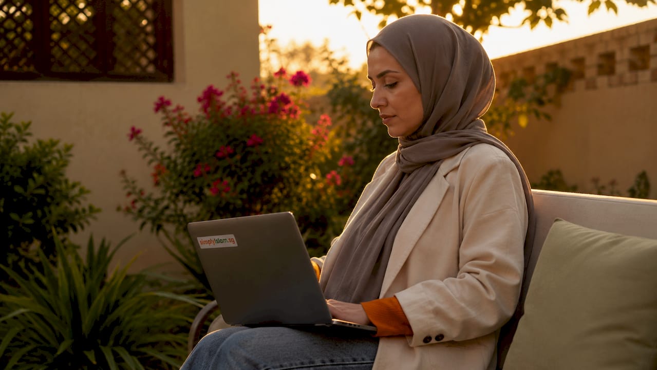 Woman watching recorded Islamic lecture in library study room