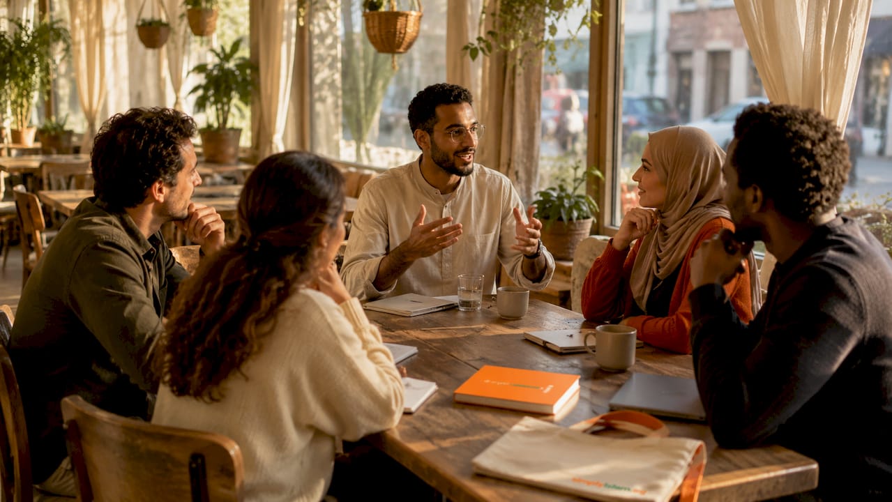 Adults practicing Arabic dialect in classroom discussion