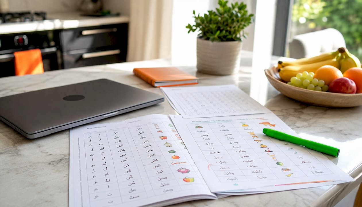 Arabic course study materials on desk