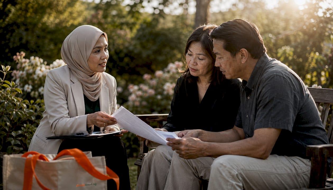 Funeral director consulting Muslim family in office