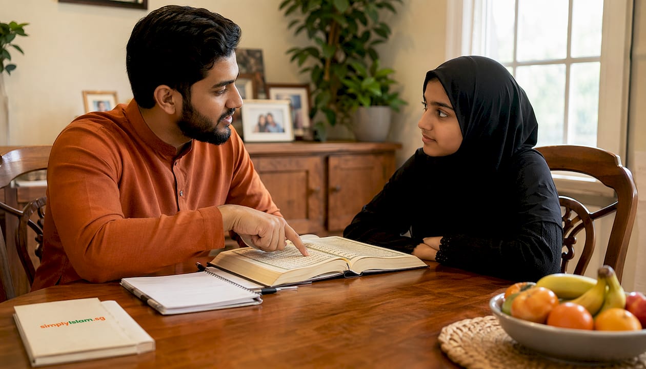 Tutor explaining Tajweed to teenage girl at home desk