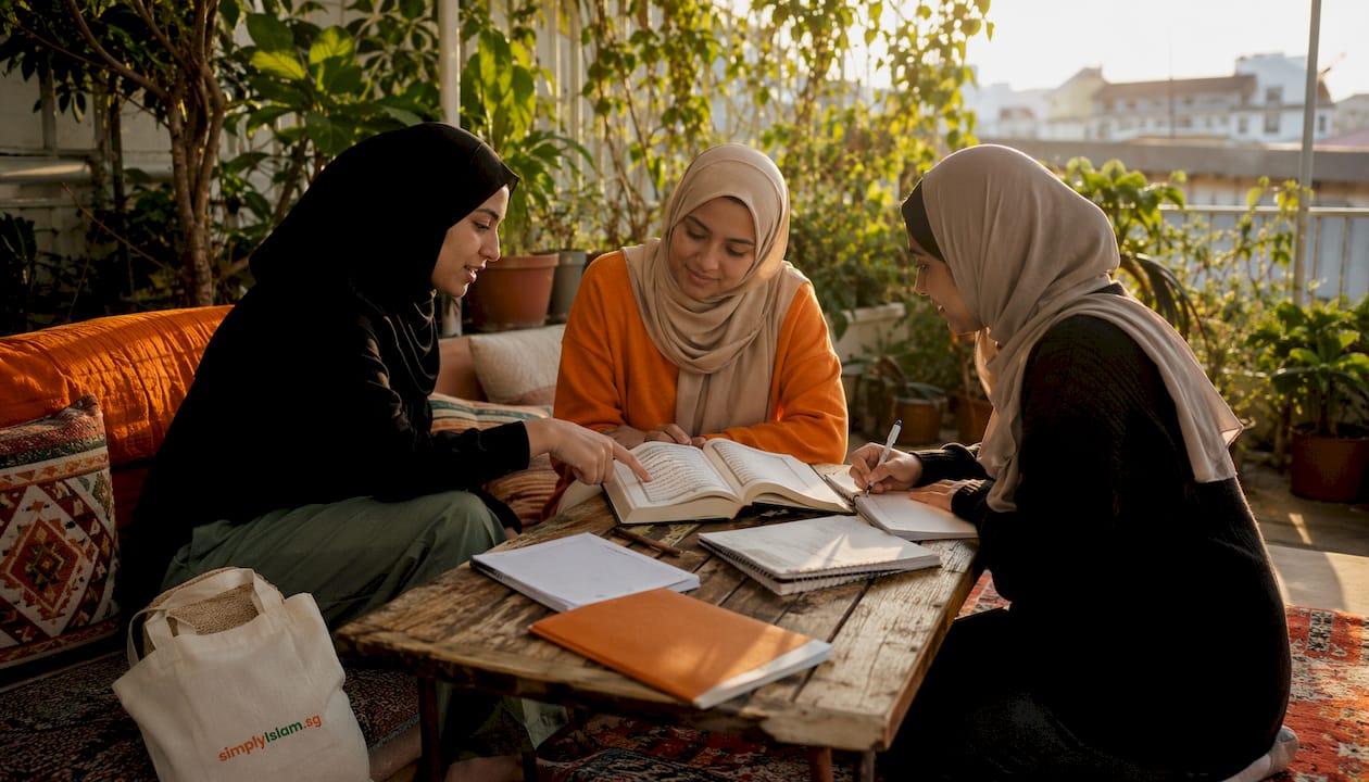 Group of Muslim women studying Quran together.