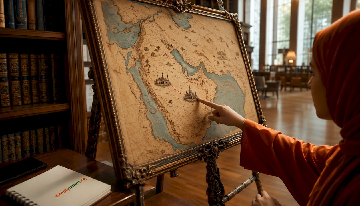 Hands pointing at historical map of prophet's life