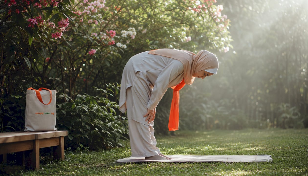 Side view of woman bowing in Hanafi prayer