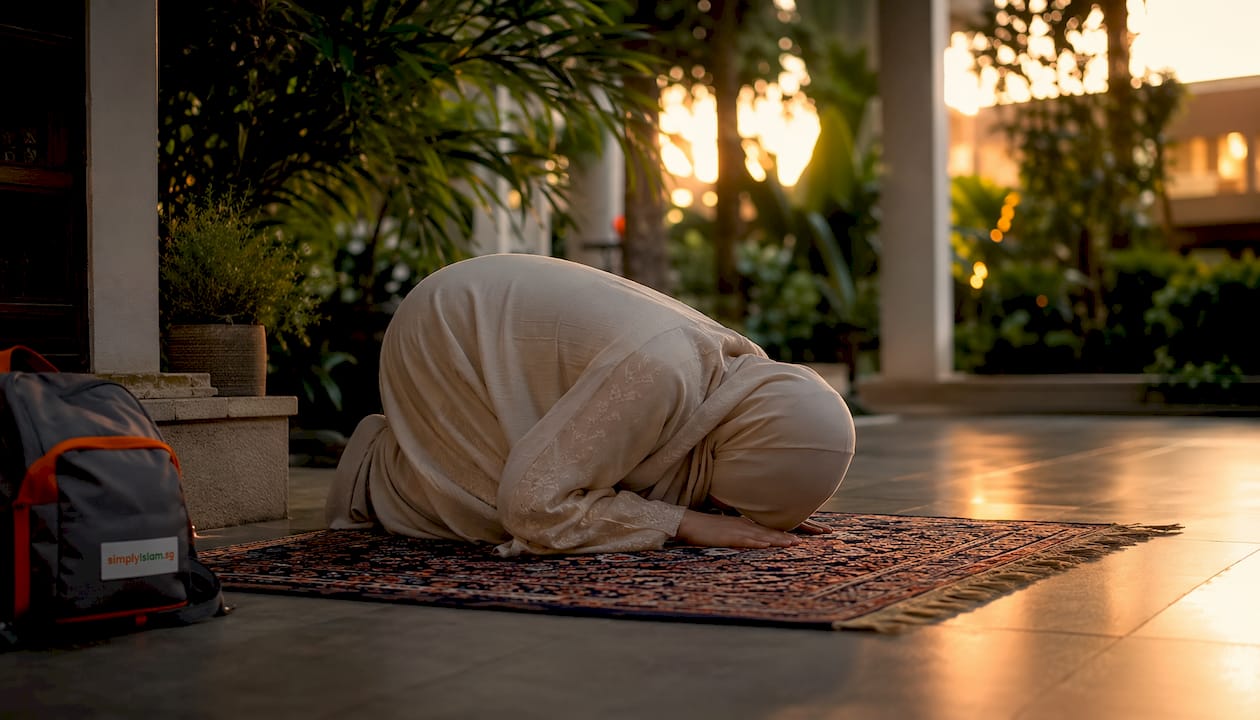Woman in Hanafi sujud prayer position