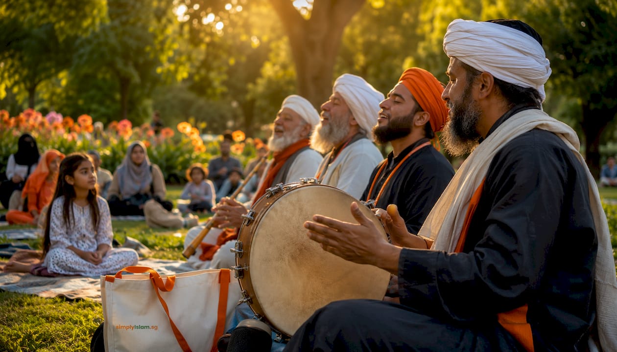 Sufi musicians performing devotional Mawlid music outdoors