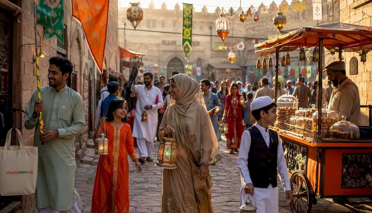 Colorful Mawlid festival street procession with families