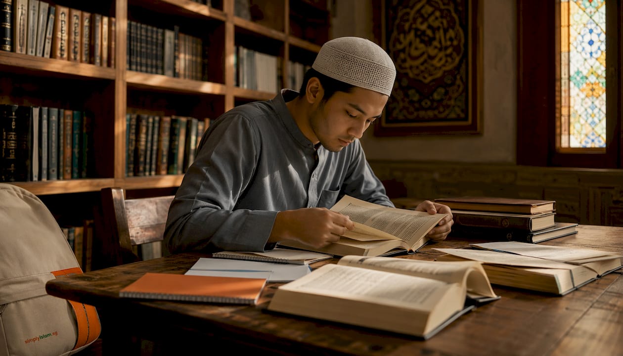 Young man studying Islamic biography in library