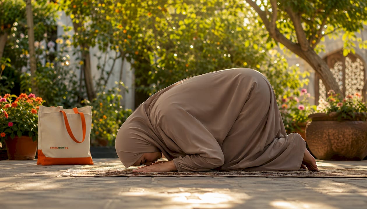 Muslim woman in proper prayer attire during Sujood