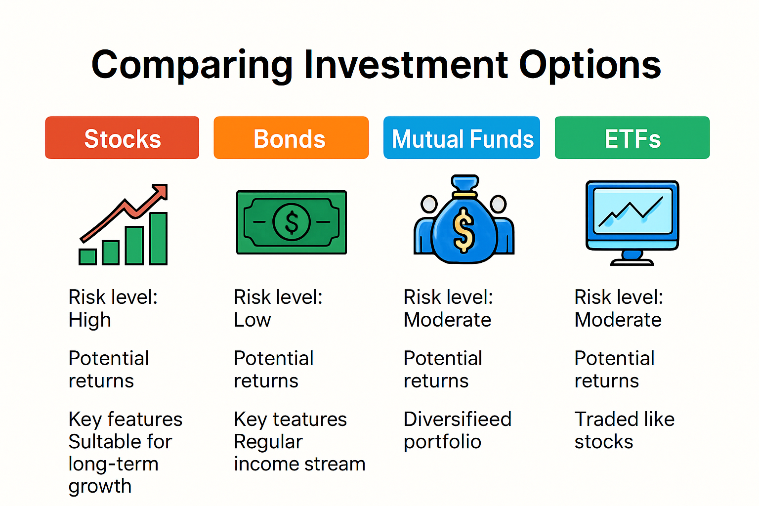 Comparison of stocks bonds mutual funds ETFs