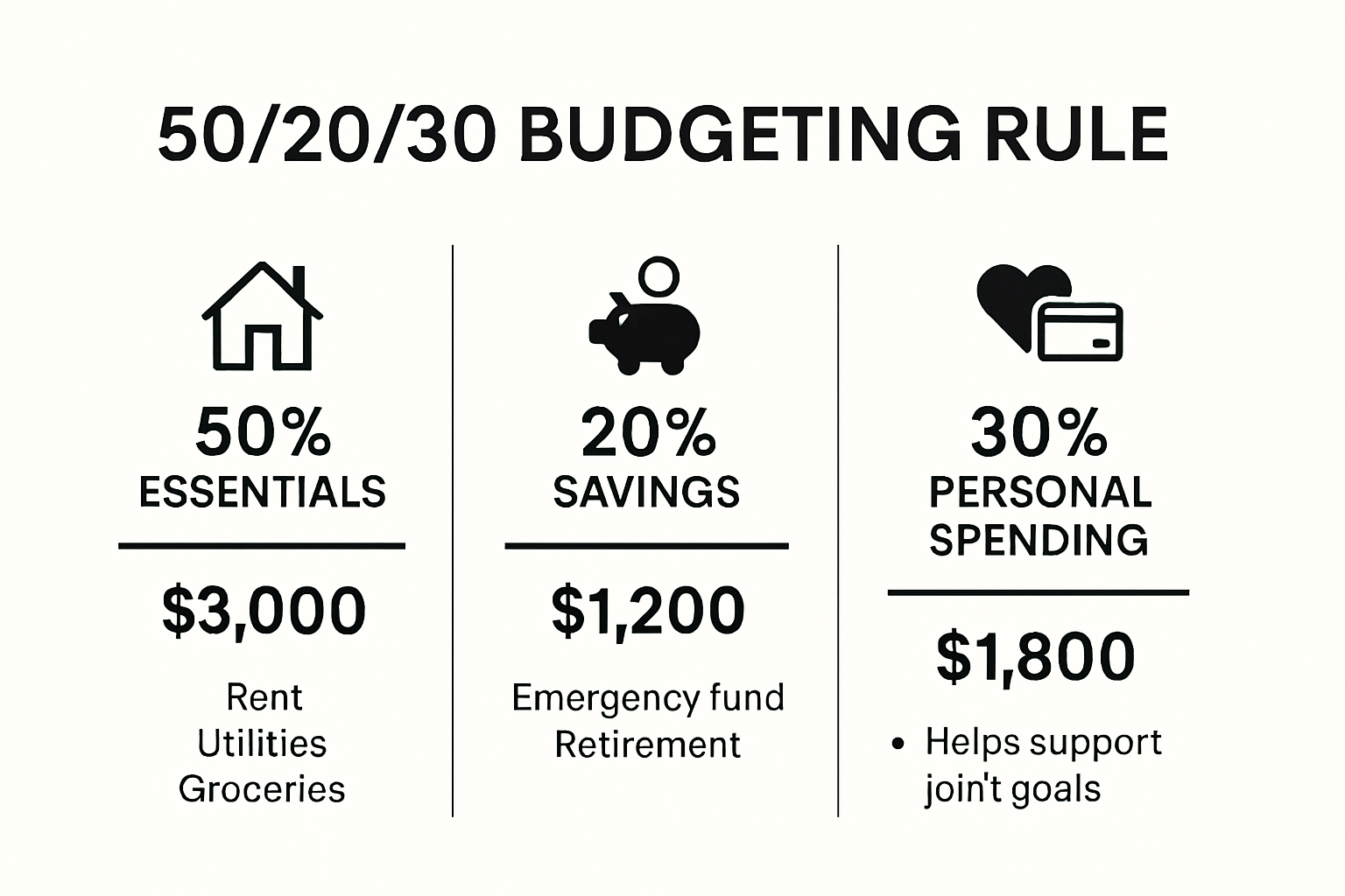 Infographic showing couples budgeting using 50 20 30 rule