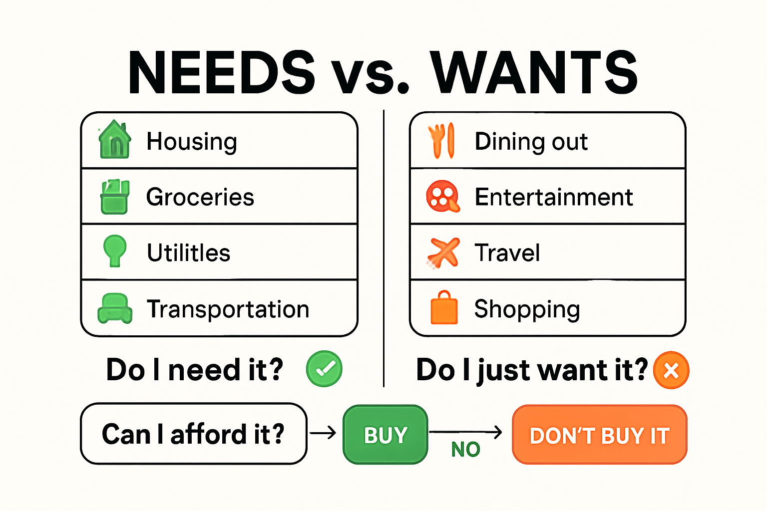 Infographic comparing needs versus wants with spending examples