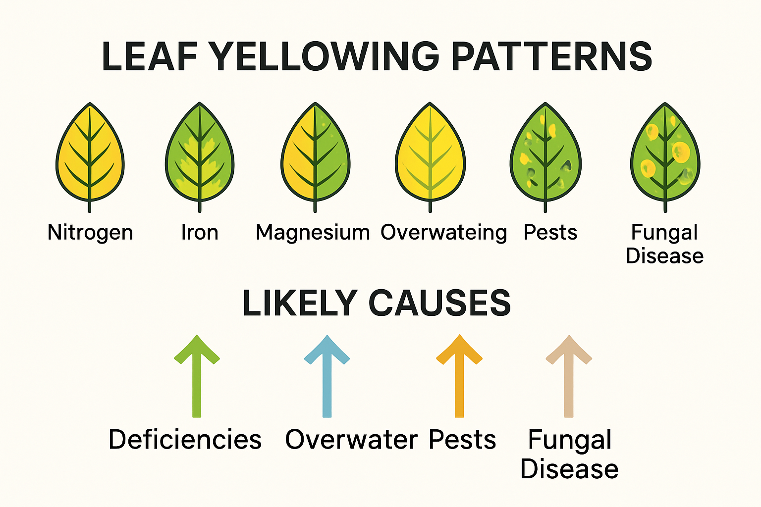 Infographic showing common causes of plant leaf yellowing