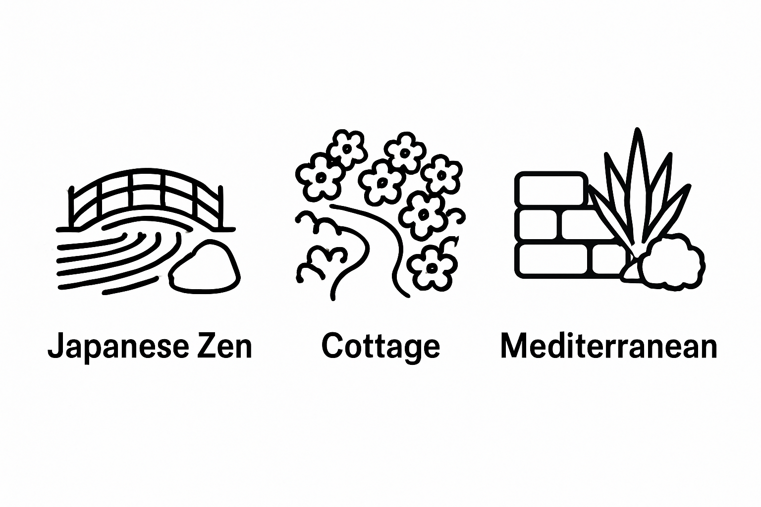 Infographic showing three classic garden styles with visual icons